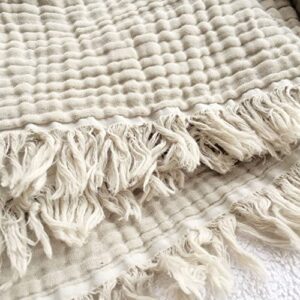 100% organic muslin cotton large throw blanket for adult, couch, 4-layer pre-washed plant dyed yarn, breathable soft, cozy, summer lightweight bed blanket, all season (60″x80″ pale khaki/tan)