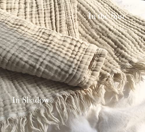 100% Organic Muslin Cotton Large Throw Blanket for Adult, Couch, 4-Layer Pre-Washed Plant Dyed Yarn, Breathable Soft, Cozy, Summer Lightweight Bed Blanket, All Season (60"x80" Pale Khaki/Tan)