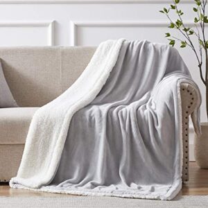 semech sherpa throw blanket throw size, sherpa fleece throw blanket lightweight, reversible sherpa blanket machine washable, 50″ x 60″, light gray
