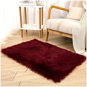 faux sheepskin fur fuzzy rug with rug grippers for burgundy area rug, 2×3 ft rectangle small furry rugs, alfombras para habitacion, fluffy rug fur rugs for bedroom, living room, home decor …