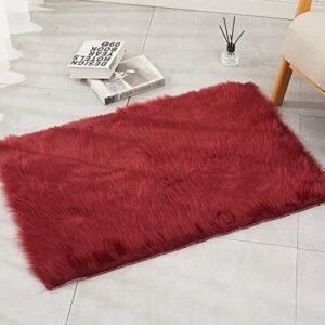 Faux Sheepskin Fur Fuzzy Rug with Rug Grippers for Burgundy Area Rug, 2x3 Ft Rectangle Small Furry Rugs, Alfombras para Habitacion, Fluffy Rug Fur Rugs for Bedroom, Living Room, Home Decor …