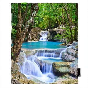 beabes waterfall throw blanket deep forest green trees waterfall flowing river spring nature scene cosy throw blanket flannel fleece for bedroom sofa couch car deck chair 60×80 inch