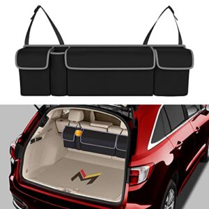mega racer black trunk organizer for car, truck, van and suv, 600d polyester & oxford cloth material, 4 large storage pocket w/ 2 adjustable buckles and magic stick support, waterproof, 1 piece