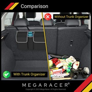 Mega Racer Black Trunk Organizer for Car, Truck, Van and SUV, 600D Polyester & Oxford Cloth Material, 4 Large Storage Pocket w/ 2 Adjustable Buckles and Magic Stick Support, Waterproof, 1 Piece