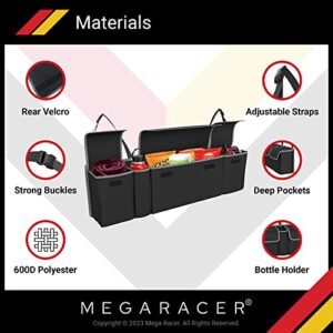 Mega Racer Black Trunk Organizer for Car, Truck, Van and SUV, 600D Polyester & Oxford Cloth Material, 4 Large Storage Pocket w/ 2 Adjustable Buckles and Magic Stick Support, Waterproof, 1 Piece