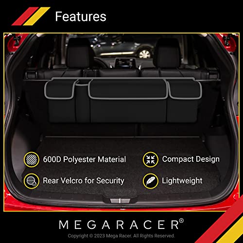 Mega Racer Black Trunk Organizer for Car, Truck, Van and SUV, 600D Polyester & Oxford Cloth Material, 4 Large Storage Pocket w/ 2 Adjustable Buckles and Magic Stick Support, Waterproof, 1 Piece