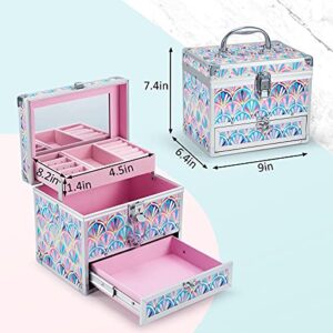 Hododou Girls Jewelry Box Organizer with Drawer & Mirror, Mermaid Tail Style Lockable Storage Case for Kid or Little Girls Jewelry and Hair Accessories