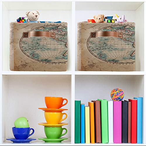 Nander Large Foldable Storage Bin Rectangle Waterproof Storage Basket Cube with PU Handles for Organizing Nursery Home Closet & Office - Old Stained World Map, 1 Pack