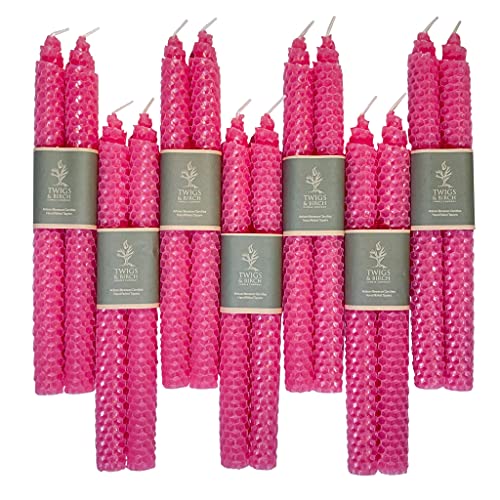 Twigs & Birch Tall Taper Candles Pack (14 Pink Beeswax Candles) – 7 Pairs of 100% Natural Canadian Beeswax Taper Candles – Smokeless Air-Purifying Burn - 9 inch Long Candles, Natural Colors