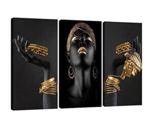 african picture wall decor, black gold wall art canvas prints african woman paintings for living room bedroom bathroom home decor framed (12”w x 24”h x3)