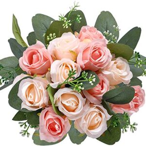 Ageomet 17pcs Artificial Rose Flowers, 12 Silk Fake Flowers Rose and 5 Artificial Eucalyptus Leaves Stems in Bulk, for Home Bridal Wedding Party Festival Decor