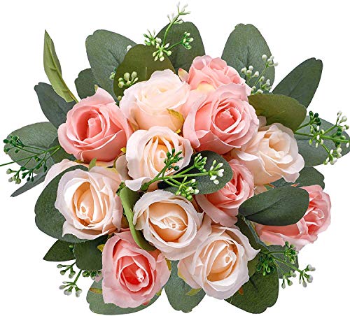 Ageomet 17pcs Artificial Rose Flowers, 12 Silk Fake Flowers Rose and 5 Artificial Eucalyptus Leaves Stems in Bulk, for Home Bridal Wedding Party Festival Decor