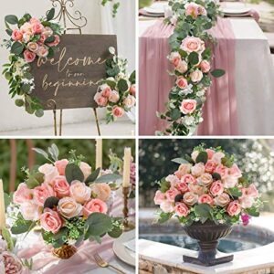 Ageomet 17pcs Artificial Rose Flowers, 12 Silk Fake Flowers Rose and 5 Artificial Eucalyptus Leaves Stems in Bulk, for Home Bridal Wedding Party Festival Decor