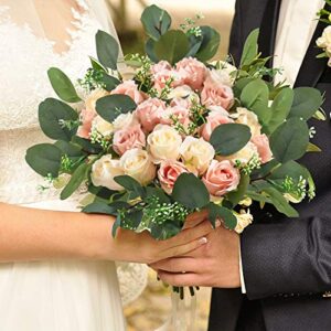 Ageomet 17pcs Artificial Rose Flowers, 12 Silk Fake Flowers Rose and 5 Artificial Eucalyptus Leaves Stems in Bulk, for Home Bridal Wedding Party Festival Decor