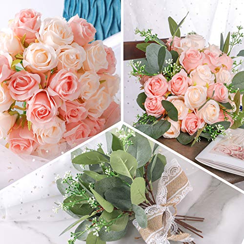 Ageomet 17pcs Artificial Rose Flowers, 12 Silk Fake Flowers Rose and 5 Artificial Eucalyptus Leaves Stems in Bulk, for Home Bridal Wedding Party Festival Decor