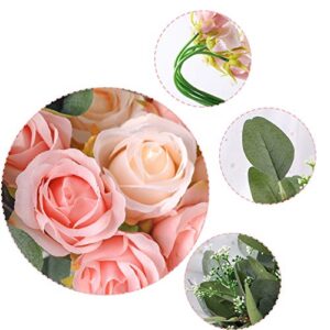 Ageomet 17pcs Artificial Rose Flowers, 12 Silk Fake Flowers Rose and 5 Artificial Eucalyptus Leaves Stems in Bulk, for Home Bridal Wedding Party Festival Decor