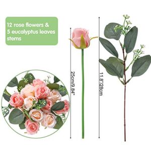 Ageomet 17pcs Artificial Rose Flowers, 12 Silk Fake Flowers Rose and 5 Artificial Eucalyptus Leaves Stems in Bulk, for Home Bridal Wedding Party Festival Decor