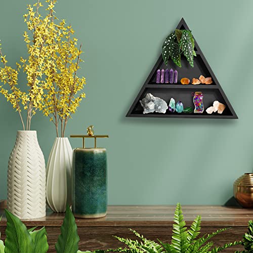 Triangle Shelf | Crystal Display Wall Decor | Shelves for Crystals and Healing Stones Small Geometric Floating | Black Triangular Meditation Stone Holder | Witchy Home Storage | Hanging Chakra Shelfs