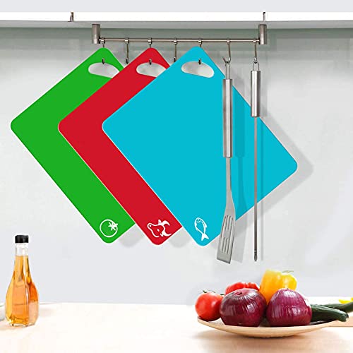 Cutting Board Mats Set, Extra Thick Flexible Plastic Kitchen Chopping Board, Colored Mats with Food Icons & Easy-Grip Handles, Dishwasher Safe, Set of 6