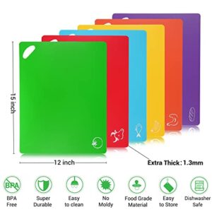 Cutting Board Mats Set, Extra Thick Flexible Plastic Kitchen Chopping Board, Colored Mats with Food Icons & Easy-Grip Handles, Dishwasher Safe, Set of 6