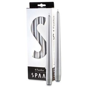 spaas silver taper candles, set of 4 | 9″ tall unscented metallic taper candles – 8 hour long burning | individually wrapped, unscented taper candles for home décor, wedding, holiday, and parties