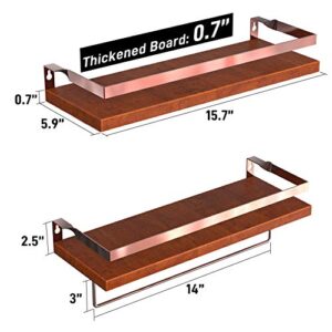 GeekDigg Floating Bathroom Shelves, Wall Shelf Set of 2 with Integrated Towel Bar, Floating Shelves Wood with Rose Gold Rails for Bedroom, Living Room, Bathroom, Kitchen, Office Storage