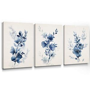 takfot flower wall art prints modern blue floral painting watercolor picture framed home decor botanical artwork ready to hang for bedroom bathroom living room 12×16 inch，set of 3