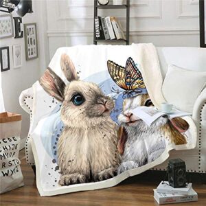 two rabbits print sherpa fleece blanket lovely rabbits beautiful butterfly throw blanket brown dots graffiti fuzzy soft blanket bed couch,twin size (60 x 80 inches)