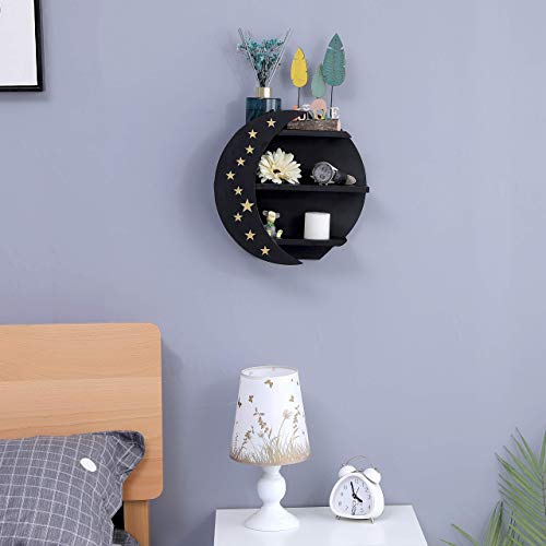 AMEAEEL Wooden Moon Shelf Pine Wood Deco Shelves Hanging or Standing for Crystals Black Moon and Stars Shelves(Black&Stars)