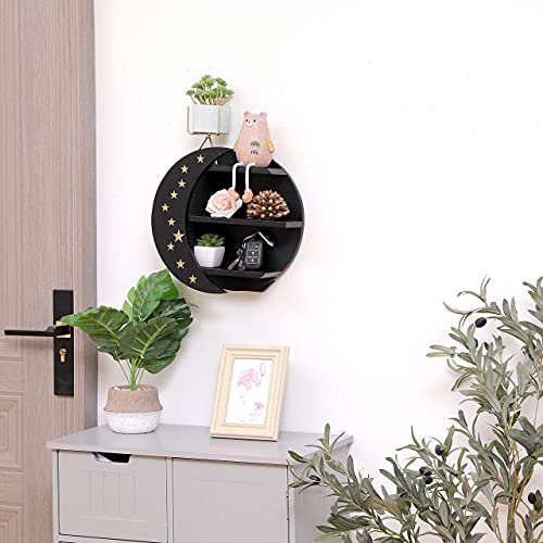 AMEAEEL Wooden Moon Shelf Pine Wood Deco Shelves Hanging or Standing for Crystals Black Moon and Stars Shelves(Black&Stars)