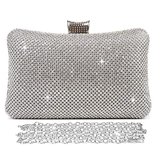 Pinprin Ladies Sparkly Rhinestones Evening Clutches Women's Crystal Diamante Evening Bag Prom Wedding Handbag Party Purse (B-Silver)