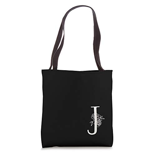 Elegant Black & White Botanical Floral Monogram Initial J Tote Bag