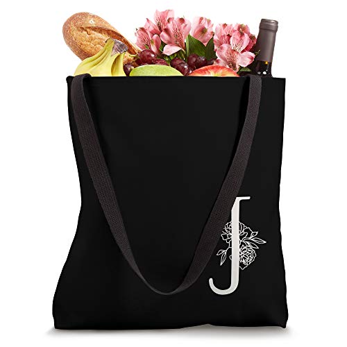 Elegant Black & White Botanical Floral Monogram Initial J Tote Bag