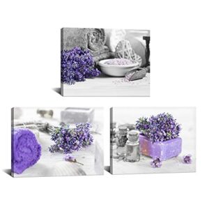 skenoart 3 piece black and white wall art purple lavender flower pictures spa treatment salt and towel artwork print on canvas for bathroom salon spa room decoration framed ready to hang 12″x16″x3pcs
