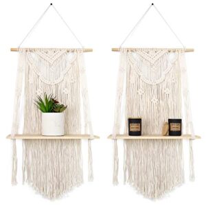 gregco set of 2 handmade macrame wall hanging shelves-decorative floating bohemian shelf for plants, books and vases – woven boho shelving display unit for homes or office