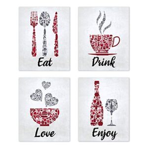 a luxehome red maroon grey white mosaic vintage inspirational kitchen restaurant cafe bar wall art decorations eat drink love wine coffee hearts prints posters signs sets rustic farmhouse country home dining room house decor funny sayings quotes unframed