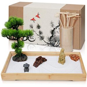 enso – japanese zen garden for desk – extra large 16″ x 8″ desktop mini zen garden with white sand, artificial bonsai tree, rocks, rakes & accessories – zen gifts sand garden kit for office decor