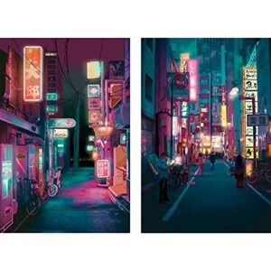 koshenia anime poster japanese wall art set of 2 – japan print on canvas roll – tokyo neon night city scene wall decor gift – preppy poster for room aesthetic unframed 11×14