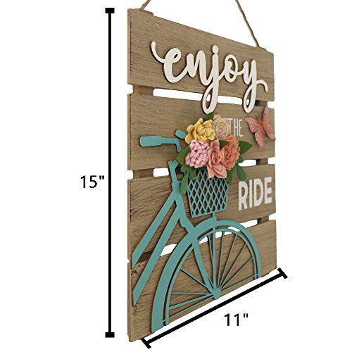 Farmhouse Wall Decor Spring Decorations for Home Metal Bicycle Butterfly Floral Sign Wood Rustic Wall Plaque Hanging Art Gift Indoor Outdoor 11" X 15" - Enjoy The Ride