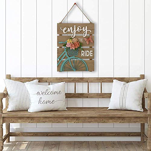 Farmhouse Wall Decor Spring Decorations for Home Metal Bicycle Butterfly Floral Sign Wood Rustic Wall Plaque Hanging Art Gift Indoor Outdoor 11" X 15" - Enjoy The Ride