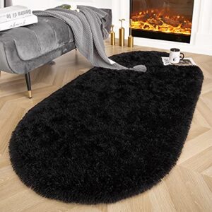 ompaa black fluffy oval rugs, super soft shaggy carpet fuzzy long fur area rug for bedroom living room dorm, plush kids playroom baby girls nursery decor mats, 2×5 feet