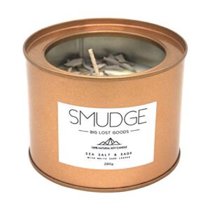 big lost goods smudge candle: sea salt & sage scented with real white sage leaves & 100% natural soy wax (10 oz tin). use for: smudging, energy cleansing, purification, aromatherapy