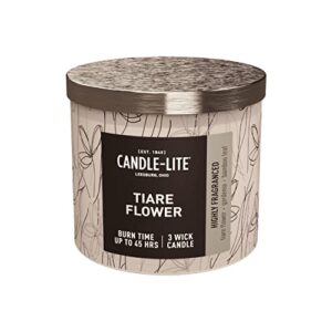 candle-lite premium tiare flower scent, 14 oz. 3-wick aromatherapy candle with up to 45 hours of burn time, white