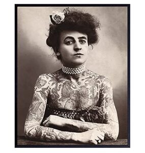 vintage circus photos wall art & decor – funny tattoo woman – tattoo studio decorations poster picture prints – tattoo shop decor – inked tattooed lady chic – man cave – biker bar – garage