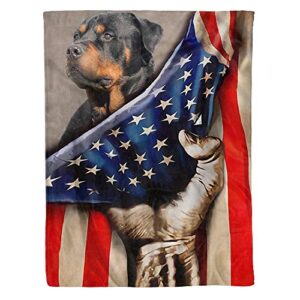 hno store rottweiler dog behind american flag ultra soft cozy plush fleece blanket (60x80in)