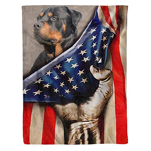 HNO Store Rottweiler Dog Behind American Flag Ultra Soft Cozy Plush Fleece Blanket (60x80in)