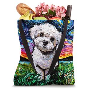 Maltipoo Starry Night White Maltese Poodle Dog Art by Aja Tote Bag