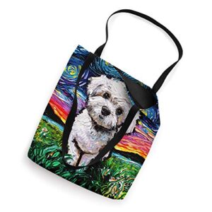 Maltipoo Starry Night White Maltese Poodle Dog Art by Aja Tote Bag