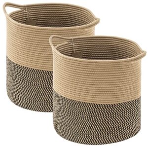 youdenova cotton rope cube storage baskets, 13×13 round woven baskets for storage with handles 2 pack, modern decorative storage bins décor baskets for 13 inch cube storage shelves, black & jute