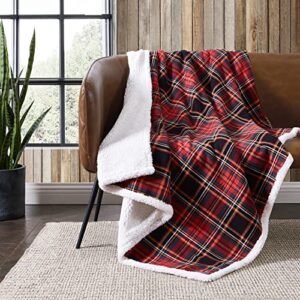 eddie bauer – throw blanket, cotton flannel home decor, all season reversible sherpa bedding (mountain tartan red, throw)